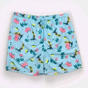 Surfing Batman Swim Trunks Men's 2XL Teal Palm‎ Pink Hibiscus Pockets Drawstring